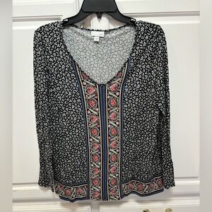 J. Jill Black Bohemian Floral Print Long Sleeve Blouse Top Women’s Size Small